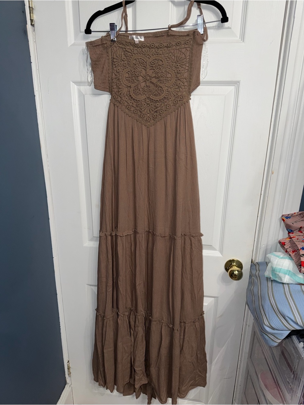 Stella Tweed Taupe Crochet-Front Off-Shoulder Maxi Dress